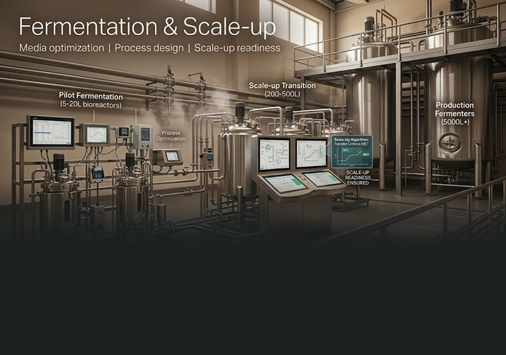 Fermentation & Scale-up — Media optimization, process design, scale-up readiness